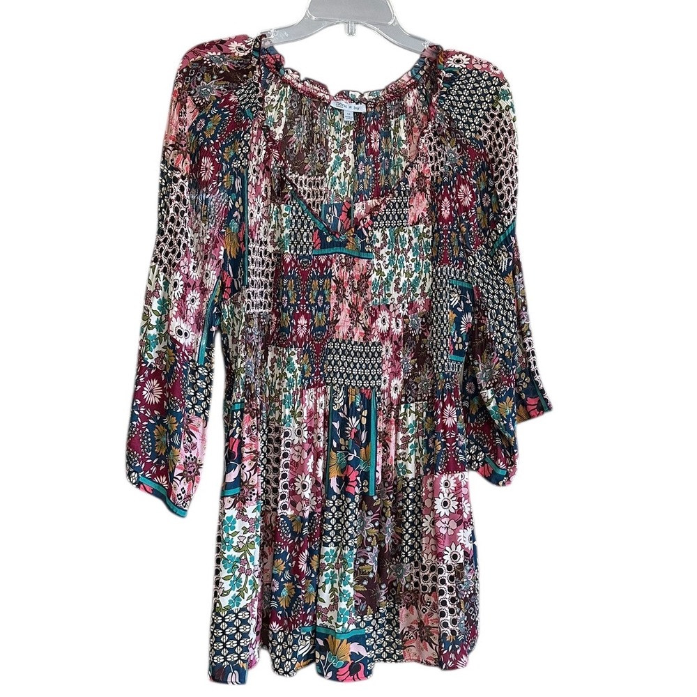 Floral‎ & Ivy Woman Patchwork Floral Smocked Boho Blouse 1X Multicolor Fairycore
